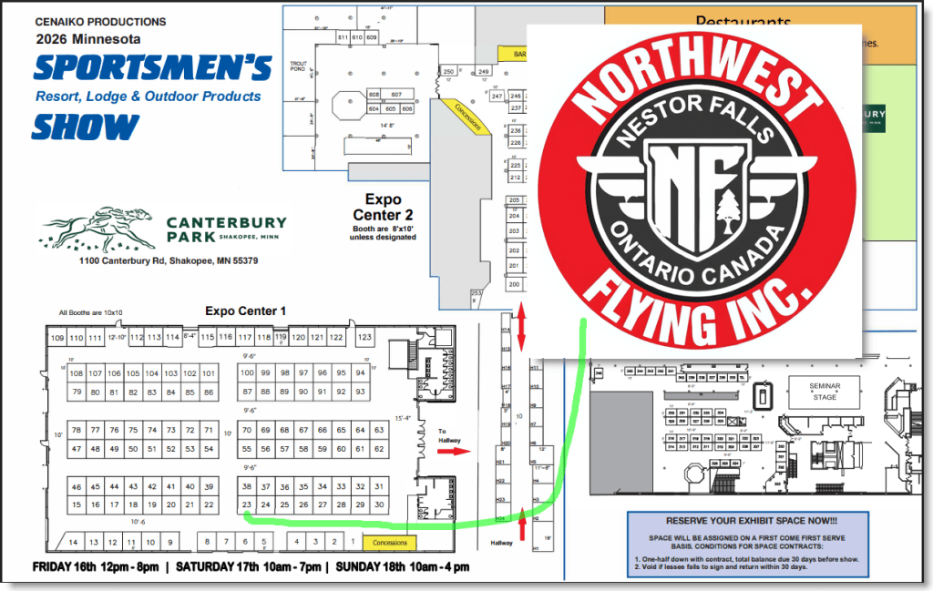 Map of the 2026 Minnesota Sportsmen's Resort, Lodge & Outdoor Products Show at Canterbury Park, Shakopee, MN, showing booth layout and locations.