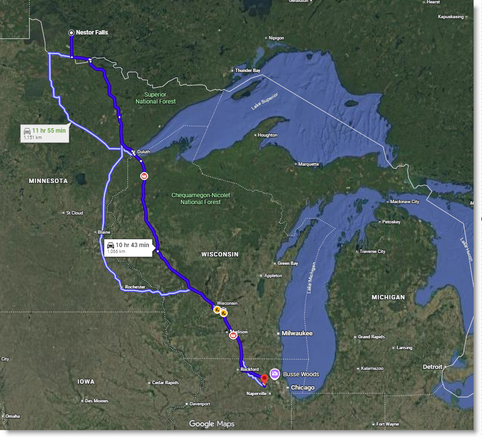 Map showing a route from Nestor Falls, Ontario to Chicago, Illinois, with marked travel times and distances.
