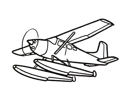 A simple line drawing of a floatplane fly by with a propeller